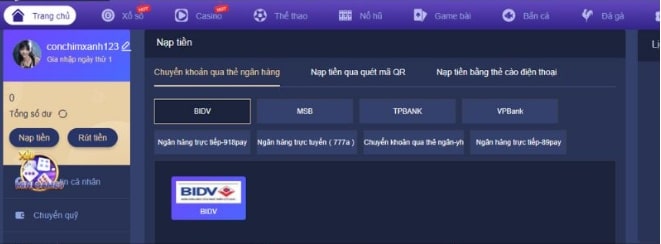 Nạp tiền vào tài khoản cá cược để bắt đầu tham gia trải nghiệm game